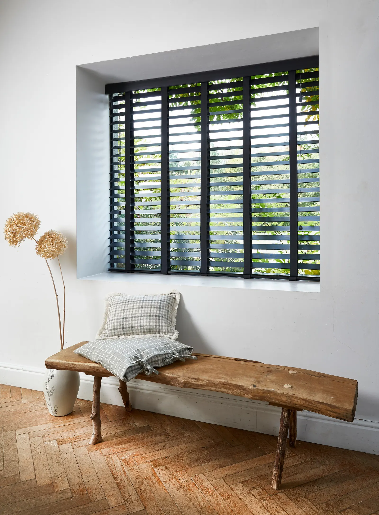 Faux wood slat blinds at a window – Perry Barr Blinds